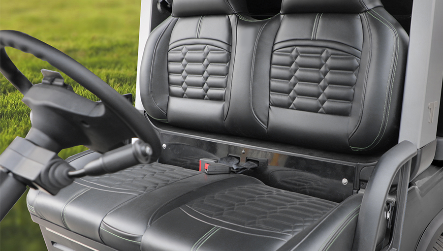 Close-up of Tara golf cart luxury seat featuring plush cushioning and elegant stitching for superior comfort