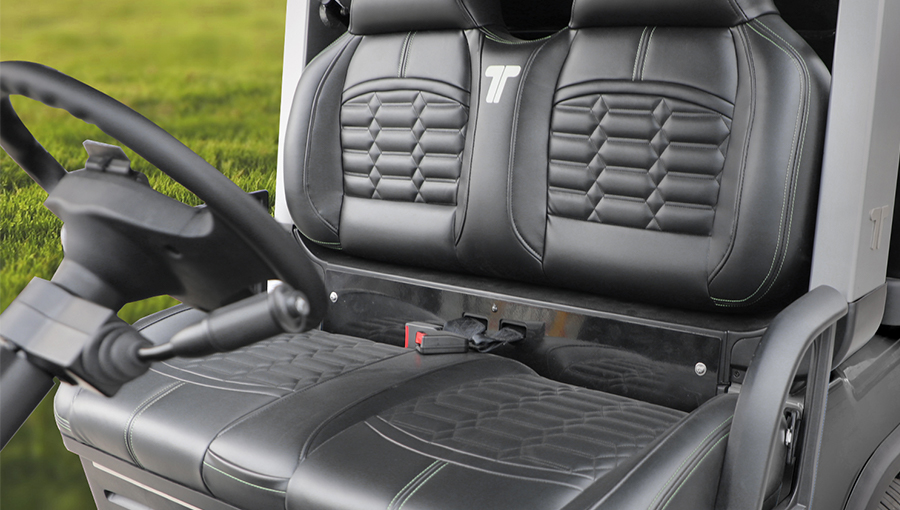 Close-up of Tara golf cart luxury seat featuring plush cushioning and elegant stitching for superior comfort 
