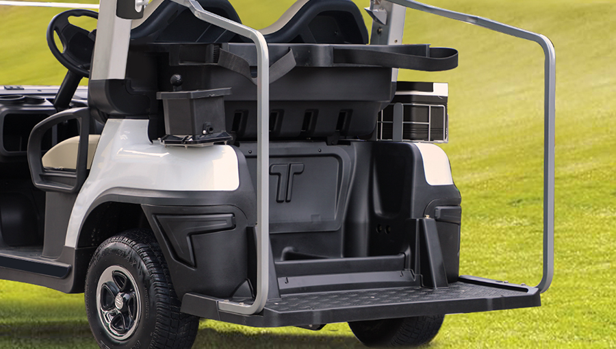 Tara Harmony golf cart with integrated caddie stand and bag rack