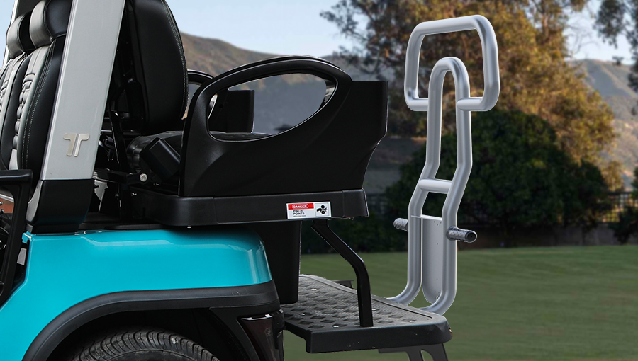 Rear view of Tara golf cart showing flip-flop seat with built-in storage box for practical and space-saving use