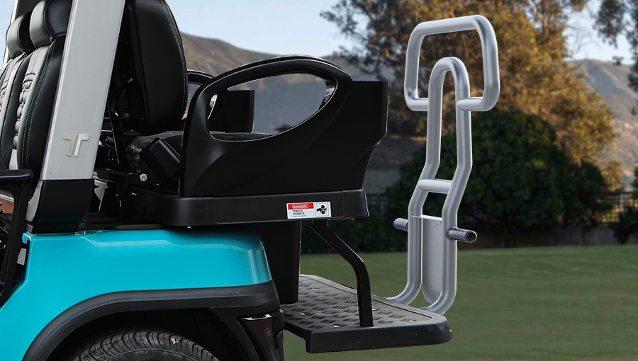 Rear view of Tara golf cart showing flip-flop seat with built-in storage box for practical and space-saving use
