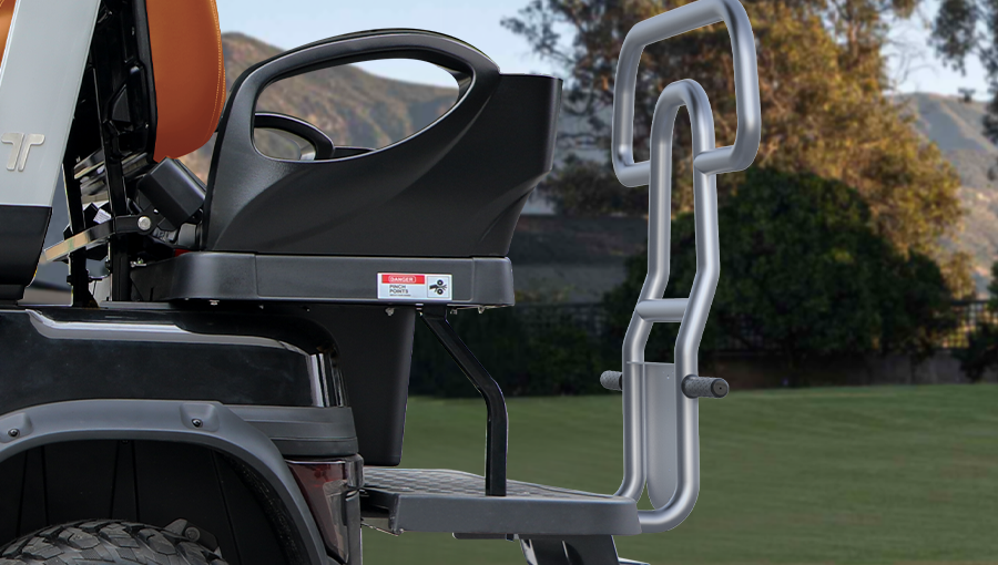 Close-up of Tara golf cart flip-flop rear seat storage kit showing secure and spacious cargo area