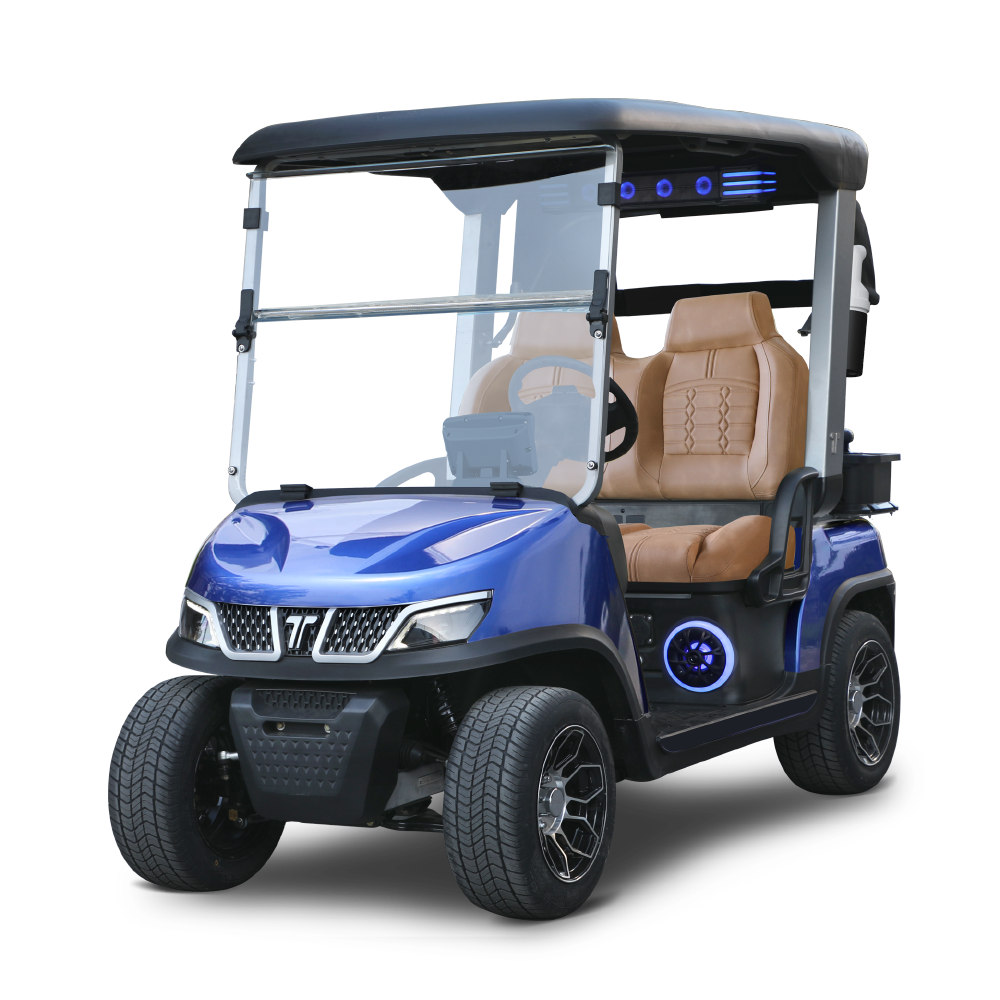 Tara Spirit Plus golf cart in striking Portimao Blue, offering a contemporary and eye-catching exterior